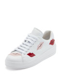 Lip-Appliqué Lace-Up Low-Top Sneaker, White