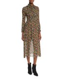 Long Ruffled Tie-Neck Floral-Print Silk Dress, Black/Multi