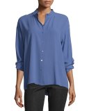 Long-Sleeve Button-Front Boxy Silk Blouse