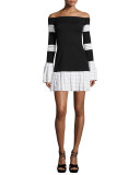 Miggy Contrast-Trim Off-the-Shoulder Knit Mini Dress, Black/White