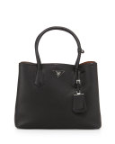 Vitello Daino Medium Double Bag, Black/Tan (Nero+Cuoio)