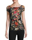 Short-Sleeve Embroidered Floral Tulle Top