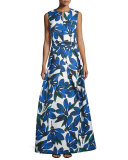 Floral-Printed Ball Skirt, Blue