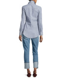 Striped Long-Sleeve Peplum Shirt, Blue Pattern