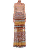 Long-Sleeve Mock-Neck Lace Gown, Gold