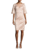 Short-Sleeve Floral Lace Cocktail Dress, Blush