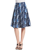 Watercolor Plaid Pleated A-Line Skirt, Marine Blue