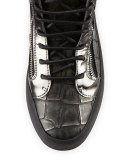 Men's Crocodile-Embossed Leather High-Top Sneaker, Pewter