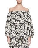Palm-Print Off-the-Shoulder Blouse, White/Black