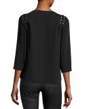 Adel 3/4-Sleeve Lace-Up Blouse, Black
