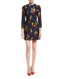 Floral-Jacquard 3/4-Sleeve Dress, Dark Topaz/Multi