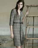 Leather-Trim V-Neck Plaid Dress, Black/Pink/Gray