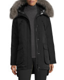 Long Fur-Trimmed Hooded Puffer Coat, Black