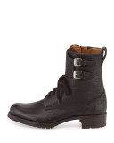 Double-Buckle Leather Combat Boot, Brown