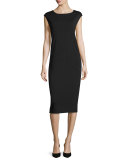 Cap-Sleeve Ponte Knee-Length Dress, Black, Plus Size