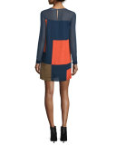 Raegan Long-Sleeve Silk Colorblock Mini Dress, Orange/Midnight/Khaki