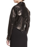 Zip-Front Short Moto Leather Jacket, Black