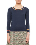 Bracelet-Sleeve Sweater w/Contrast Stripes, Denim