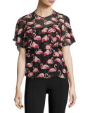 Flamingo-Print Silk Crepon Popover Blouse, Black