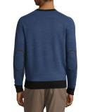 Sueded-Trim Crewneck Sweater, Navy