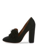 Wild Suede Fringe Loafer Pump, Black