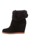 stasia shearling-cuff wedge bootie, black