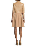 Stretch-Wool Bell-Skirt Dress, Suntan