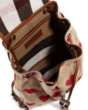 Chiltern Check Hearts Medium Canvas Backpack, Parade Red/Tan