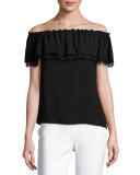 Lace-Trim Off-the-Shoulder Blouse, Black