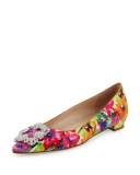 Hangisi Crystal-Buckle Satin Flat, Pink Floral