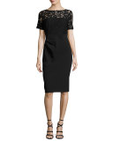 Lace-Bodice Short-Sleeve Sheath Dress, Black