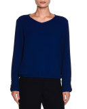 V-Neck Button-Cuff Blouse, Royal Blue