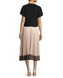 Raglan-Sleeve Striped Silk Crop Top, Nero/Cipria/Panna