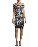 Off-the-Shoulder Floral Cocktail Dress, Black