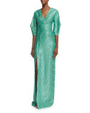 3/4-Sleeve Shimmery Column Gown, Green