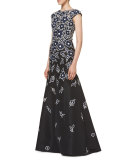 Floral Patchwork Cap-Sleeve Gown, Black/Navy