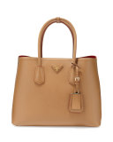 Saffiano Cuir Double Medium Tote Bag, Caramel/Red (Caramel+Fuoco)