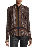 Franco Long-Sleeve Silk Multipattern Top, Brown/Multicolor