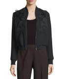 Dawn Textured Floral-Trim Bomber Jacket, Black