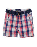 Belted Cotton Plaid Shorts, Multicolor, Size 3-7