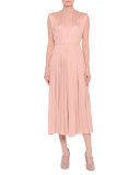 Sleeveless Jewel-Neck Shirred Midi Dress, Rose