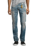 Faded Straight-Leg Denim Jeans, Light Blue