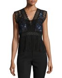 Aaliyah Cap-Sleeve Lacy Fringed Blouse, Multi