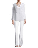 Grommet Lace-Up Linen Tunic, Optic White