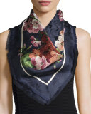 Gerabloom Jacquard Square Silk Scarf, Blue/Pink