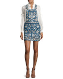 Floral-Embroidered Denim Pinafore Dress, Washed Indigo