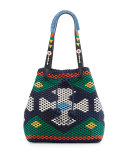 Large Woven Drawstring Tote Bag, Navy Sea