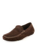 Contrast-Stitch Suede Penny Driver, Chocolate