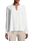 Lilianna Long-Sleeve Lace-Trim Blouse, White
