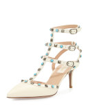 Rockstud Cabochon Leather 65mm Pump, Light Ivory